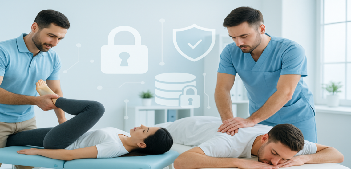 webinar-gdpr-operatori-salute osteopati e fisioterapisti stilizzati con simbolo della privacy in centro
